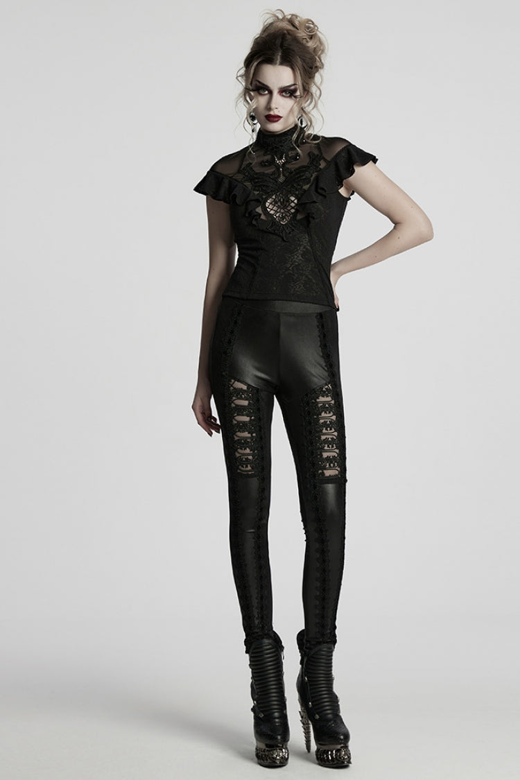 Black Floral Embroidery Women's Gothic Leggings