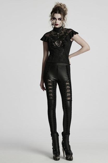 Black Floral Embroidery Women's Gothic Leggings