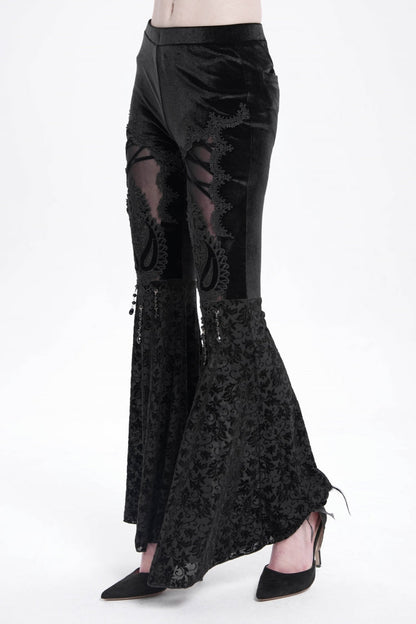 Black Hollow Floral Embroidery Women's Gothic Flared Pants