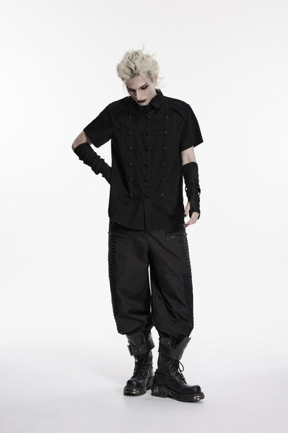 Black Lapel Collar Short Sleeves Studded Men's Punk Skull Handsome Cool Shirt