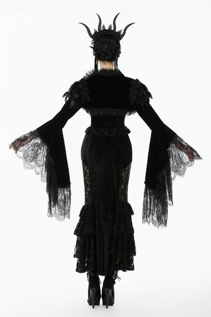 Black Lace Spliced Velvet Long Flared Sleeves Floral Feather Women's Gothic Cape
