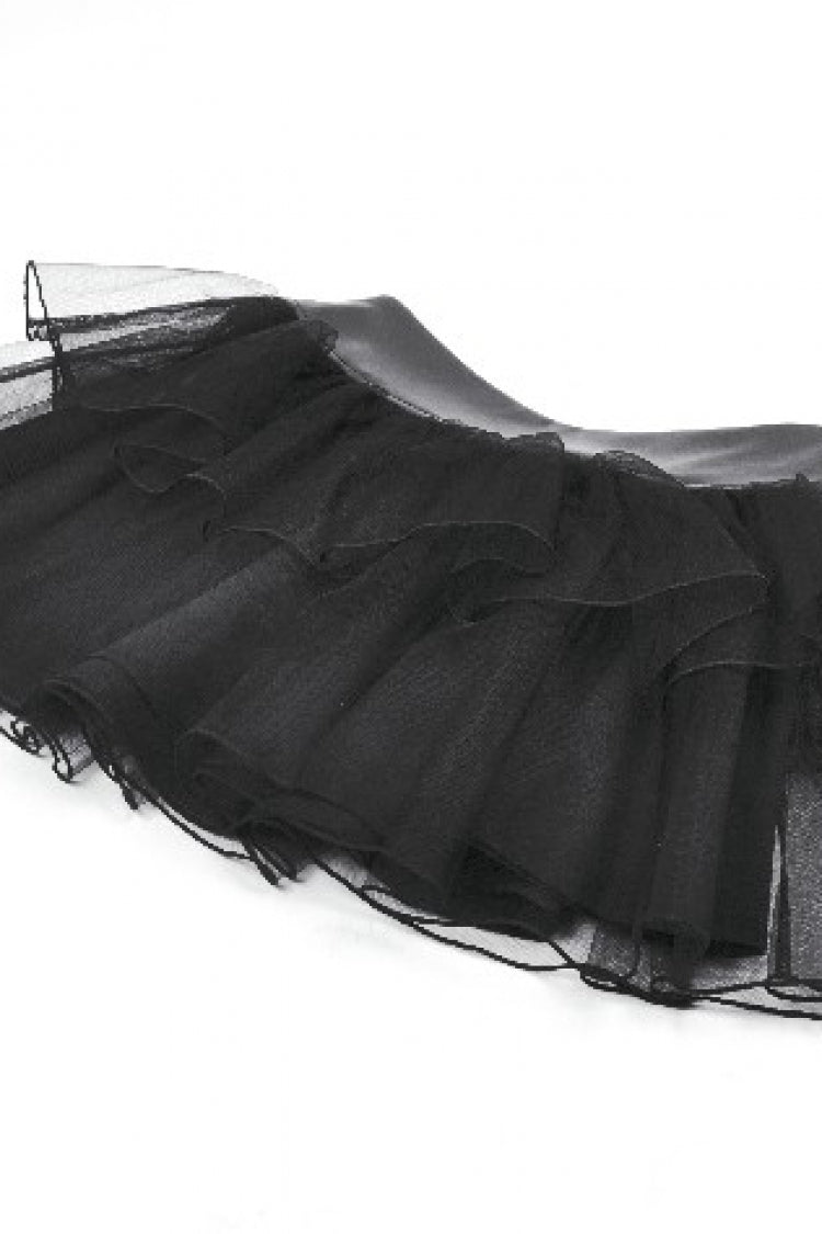 Black Multi-Layered Lace Mesh Women's Punk Short Skirt with D-Ring Ties Waist