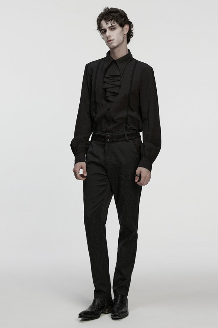 Black Lapel Collar Long Puff Sleeves Men's Gothic Blouse with Detachable Necktie White