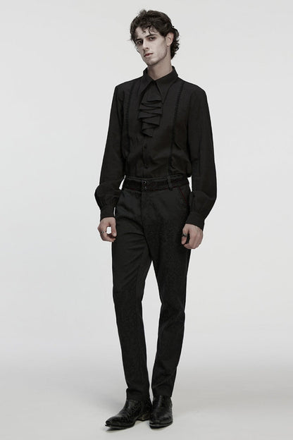 Black Lapel Collar Long Puff Sleeves Men's Gothic Blouse with Detachable Necktie White