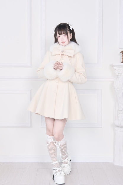 Apricot Plush Collar Long Sleeves Bowknot Japanese Sweet Lolita Coat