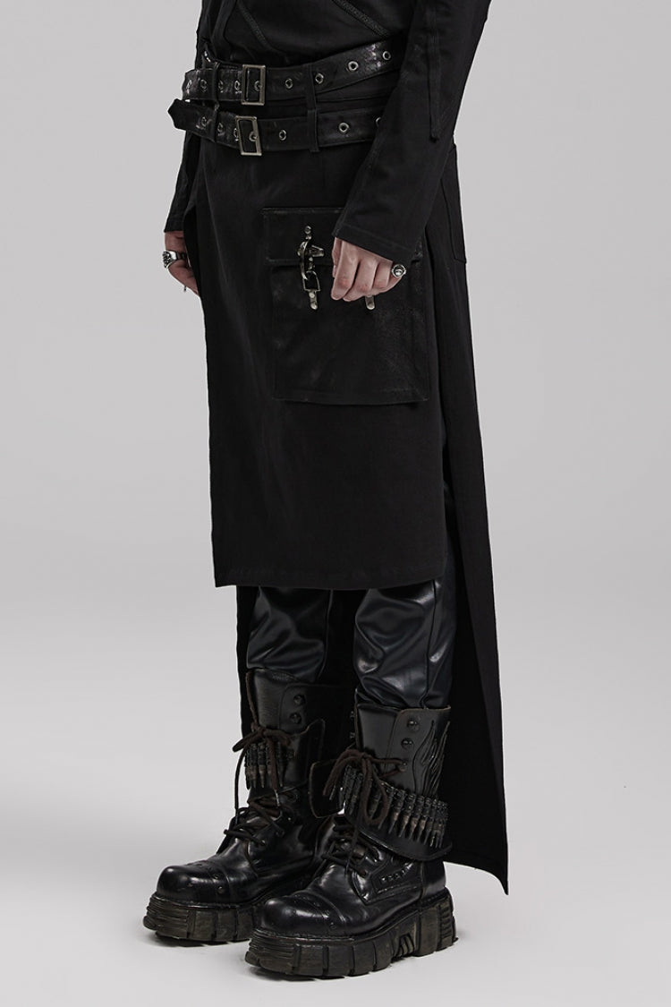 Black Buckle Belt Asymmetric Men's Steampunk Skirt with Side Pockets