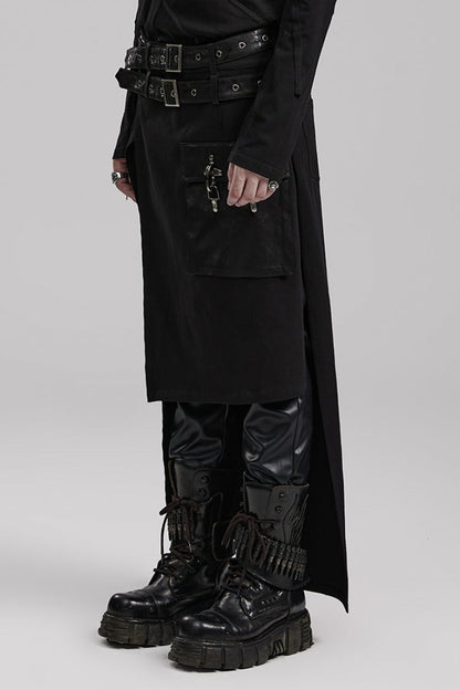 Black Buckle Belt Asymmetric Men's Steampunk Skirt with Side Pockets