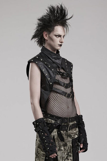 Black Faux Leather Stitching Mesh Sheer Metal Rivets Mens Steampunk Vest