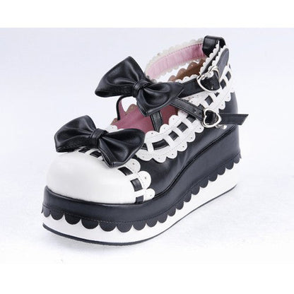 Black & White Romantic PU Round Toe Ankle Straps Bow Decoration Platform Lolita Shoes