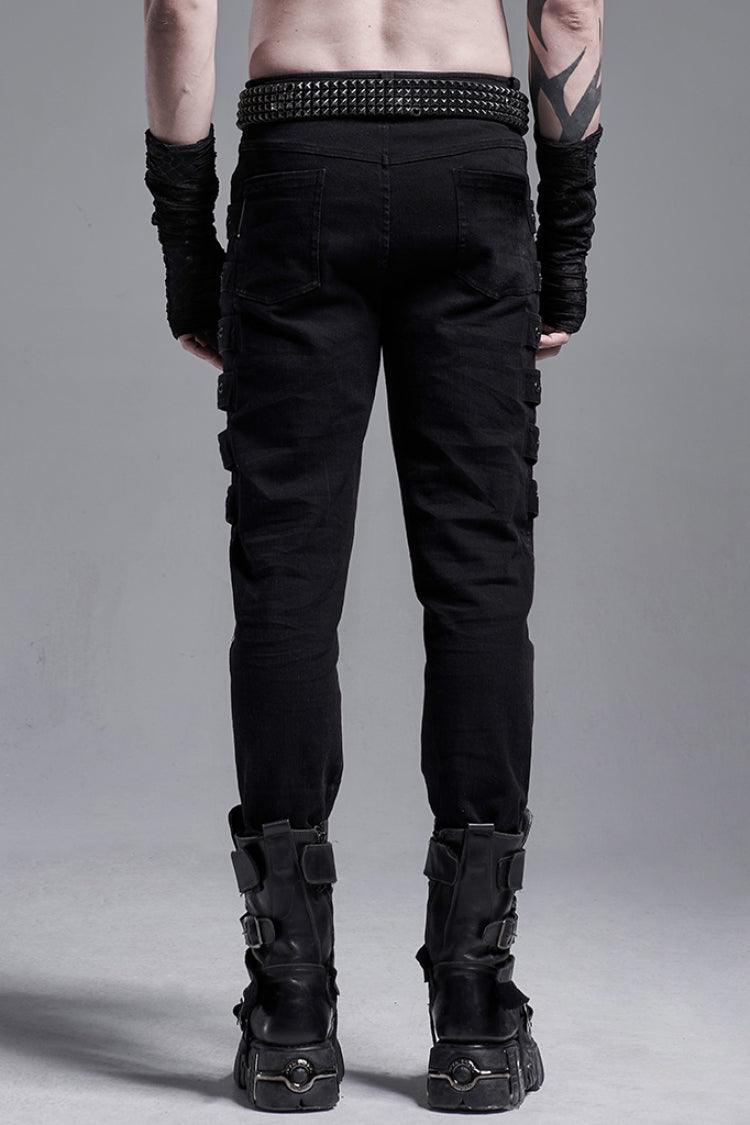 Black Buckle Zipper Men's Gothic Fitted Pants