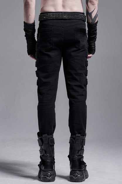 Black Buckle Zipper Men's Gothic Fitted Pants