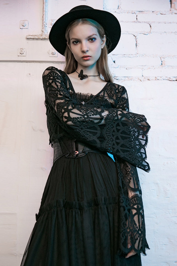 Black Metal Pendant Hollow Lace Lace-Up Women's Gothic Blouse