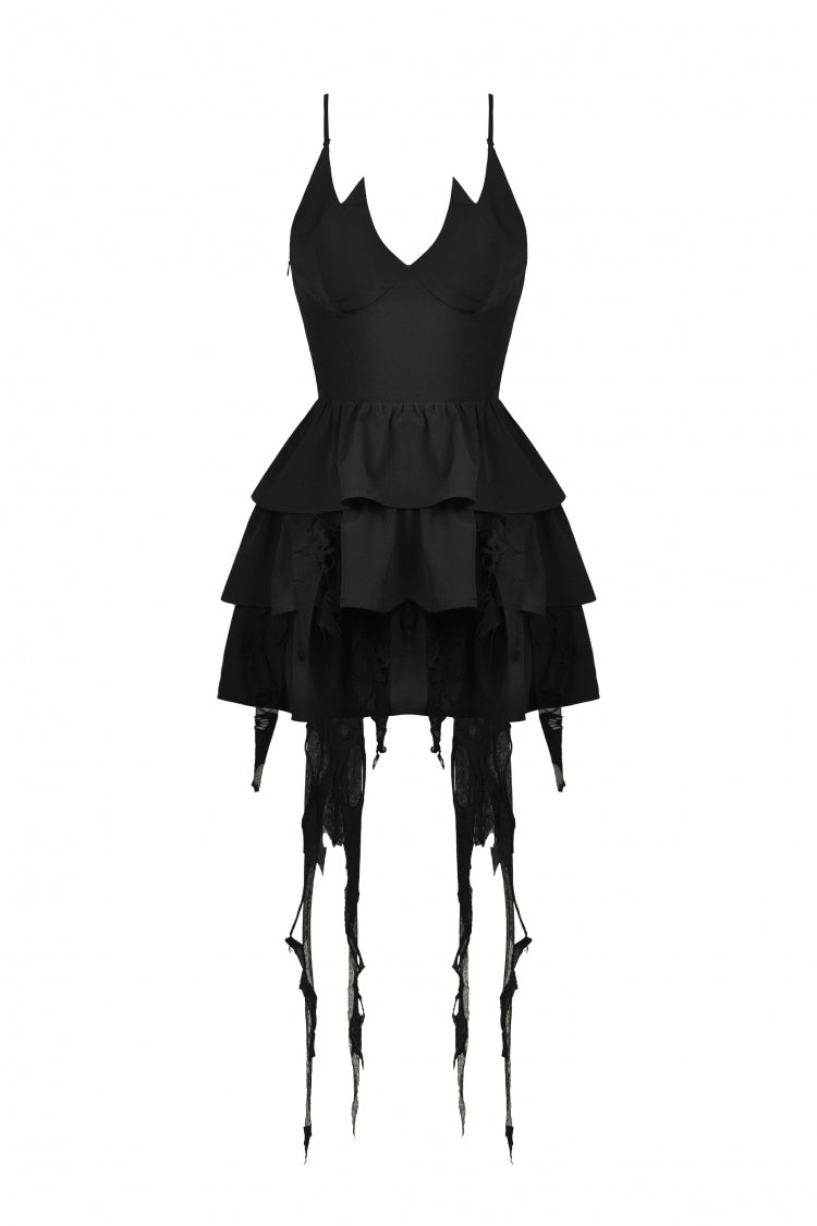 Black Little Devil Sleeveless Multi-Layered Lace-Up Women's Punk Slip Graduation Dress