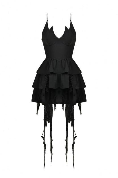 Black Little Devil Sleeveless Multi-Layered Lace-Up Women's Punk Slip Graduation Dress