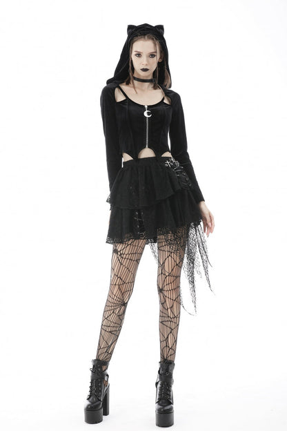 Black Long Sleeves Irregular Moon-shaped Zipper Women's Punk Crop Top with Cat's Ears Hood
