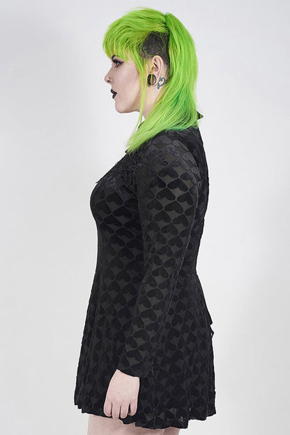 Black Front Chest Hollow-Out Decals Long Sleeve Back Waist Lace-Up Plus Size Mercerized Velvet Print Women's Gothic Dress