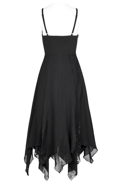 Black Double-Layer Chiffon Lace Irregular Hem Design Sling Decoration Sleeveless Women's Gothic Dress