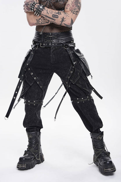 Black Lace-Up Studded Buckled Zippered Eyelet Men's Punk Cool Accessory with Pouches