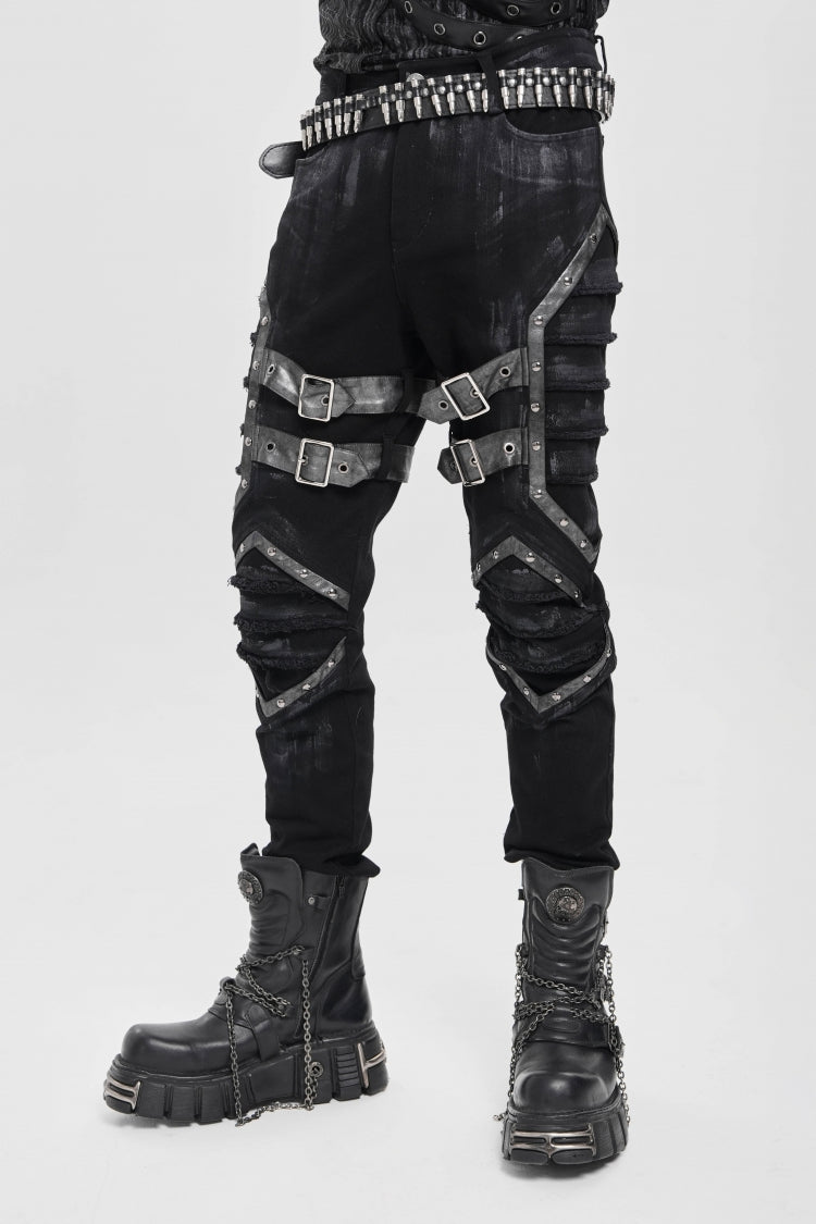 Black Buckle Straps Pleated Men's Punk Pants