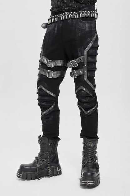 Black Buckle Straps Pleated Men's Punk Pants