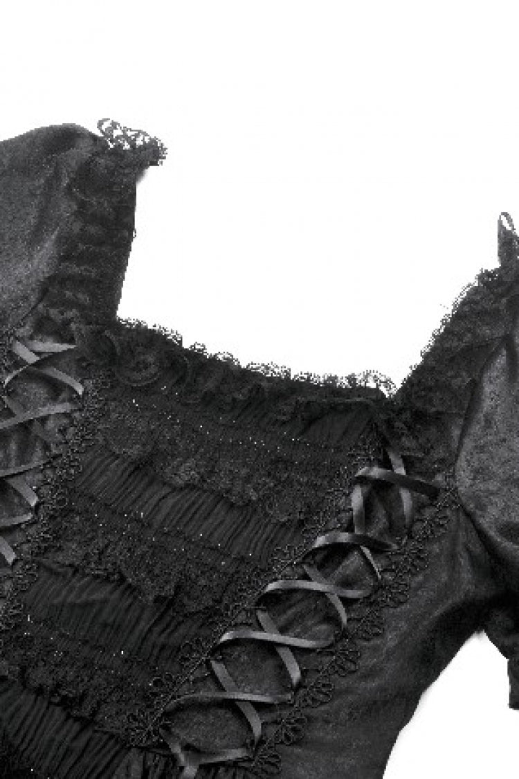 Black Lace Square Collar Short Puff Sleeves Lace-Up Ruched Women's Gothic Wedding Dress