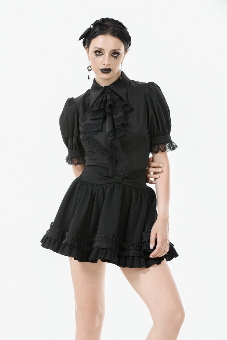 Black Point Lapel Collar Short Puff Sleeves Women's Gothic Blouse with Removable Rosette Cravat