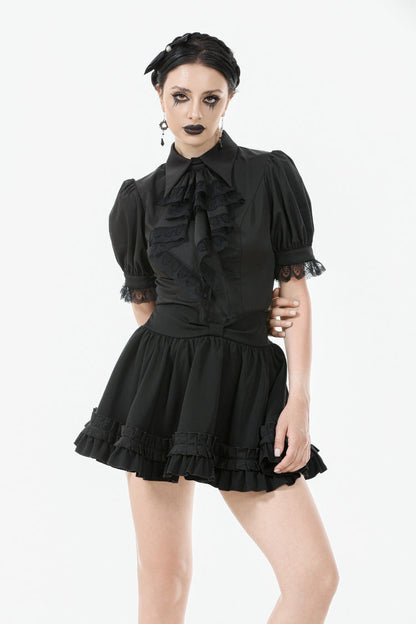 Black Point Lapel Collar Short Puff Sleeves Women's Gothic Blouse with Removable Rosette Cravat