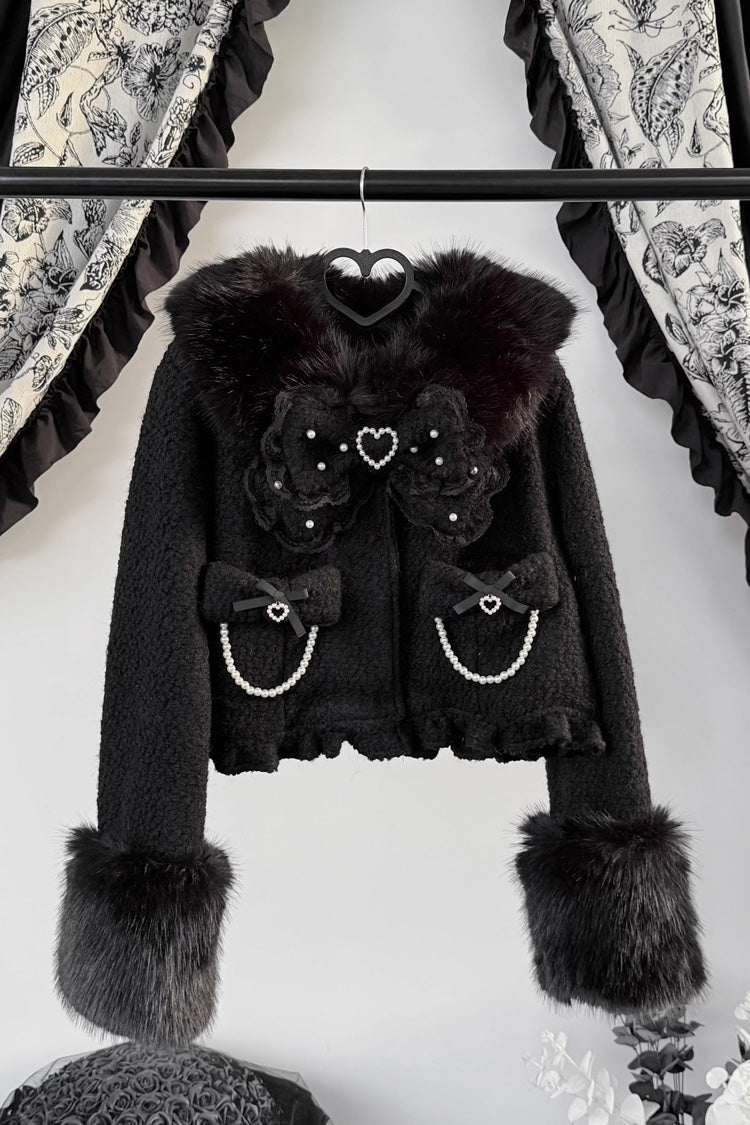 Black Long Sleeves Bow Sheep Wool Gothic Jirai Kei Japanese Short Coat
