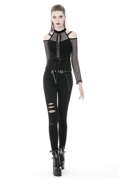 Black Off Shoulder Long Sleeves Lace-Up Mesh Women's Punk Top