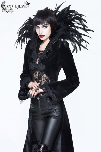 Black Feathered Collar Long Sleeves Bowknot Women's Gothic Tailcoat