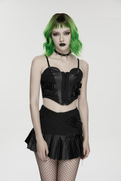 Black Asymmetric Buckled Pleated Women's Punk Skirt