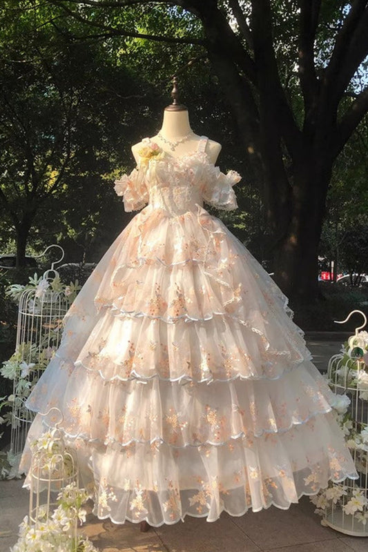 Apricot [Diana's Flowers] Sleeveless Multi-Layered Ruffle Hanayome Bowknot Lace Sweet Gorgeous Lolita Jsk Dress
