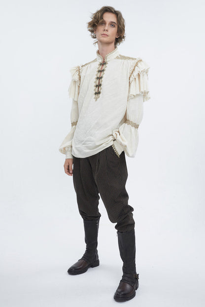 Beige Stand Collar Lantern Sleeves Multi-layer Ruffle Men's Gothic Blouse