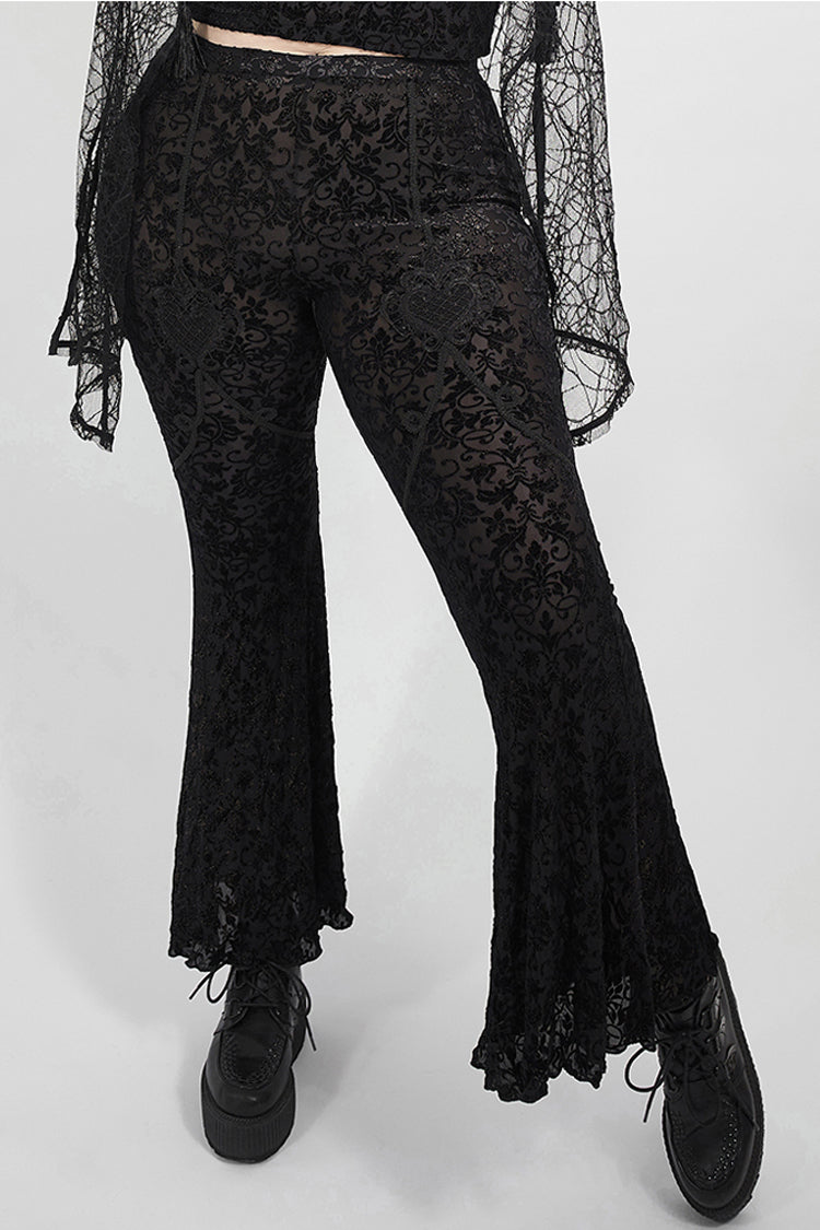 Black Plus Size Velvet Print Front Decals Knit Flare Women's Gothic Pants