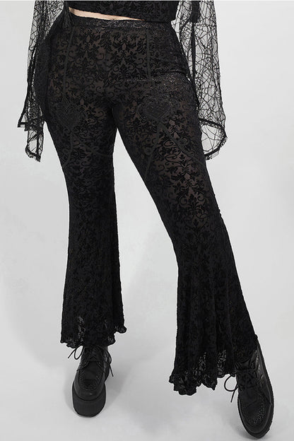 Black Plus Size Velvet Print Front Decals Knit Flare Women's Gothic Pants