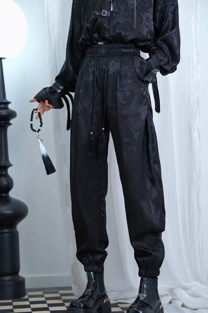 Black Dragon-Pattern Jacquard Printed Ouji Gothic Chinese Style Handsome Lolita Tassel Pants
