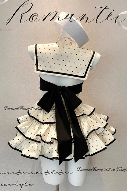 Apricot Multi-layer Polka Dots Print Navy Doll Ruffle Bowknot Sweet Lolita Tiered Dress