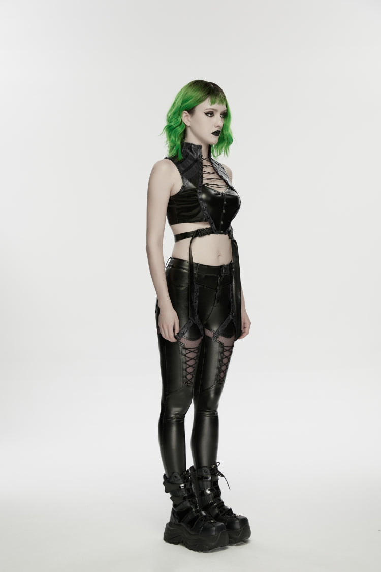 Black Cut-Out Spliced Eyelet Mesh Women's Punk Leggings