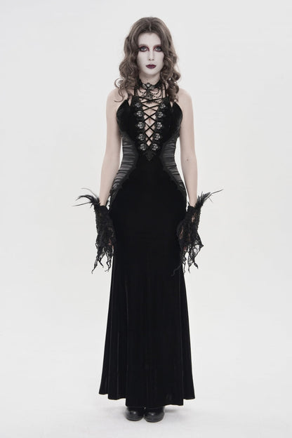 Black Off Shoulder Sleeveless Hanayome Spliced Lace-Up Slim Pleated Women's Gothic Jsk Dress