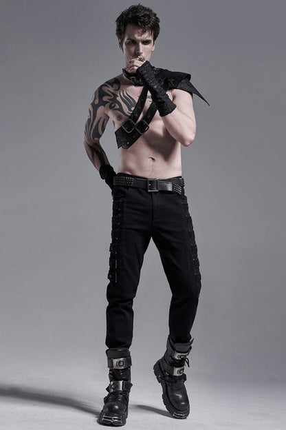 Black Buckle Zipper Men's Gothic Fitted Pants