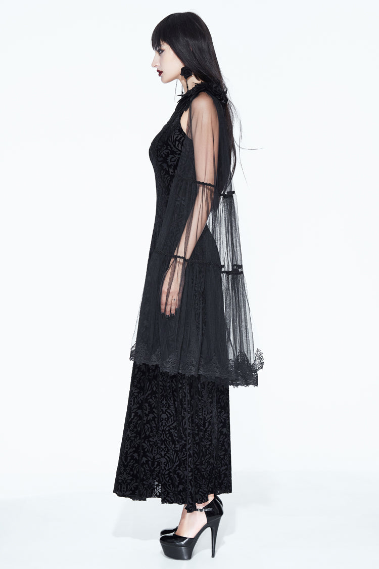 Black One Shoulder Mesh Shawl Feather Lace Decoration Velvet Long Women's Gothic Dress