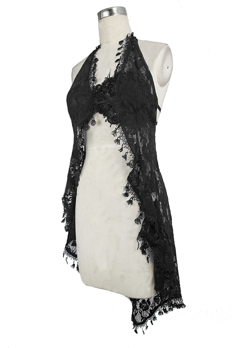 Black Frilly Tassel Hem Halter Lace Women's Gothic T-Shirt