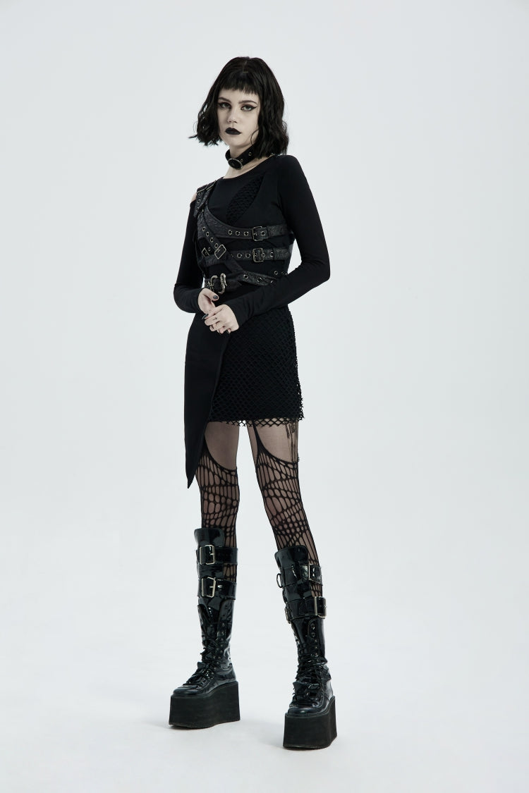 Black Cut-Out Asymmetric Buckled Eyelet Women's Punk Accessory with Pocket