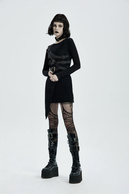Black Cut-Out Asymmetric Buckled Eyelet Women's Punk Accessory with Pocket