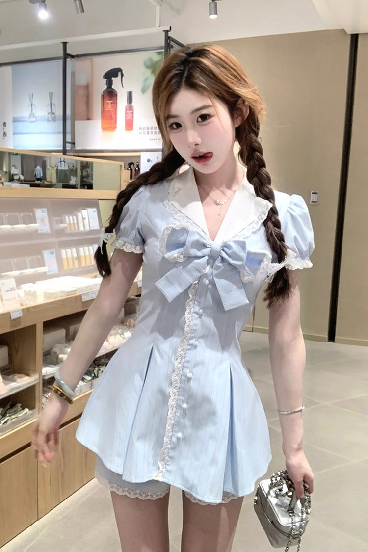 Aqua V Collar Short Puff Sleeves Stripe Print Ruffle Bowknot Sweet Jirai Kei Dress