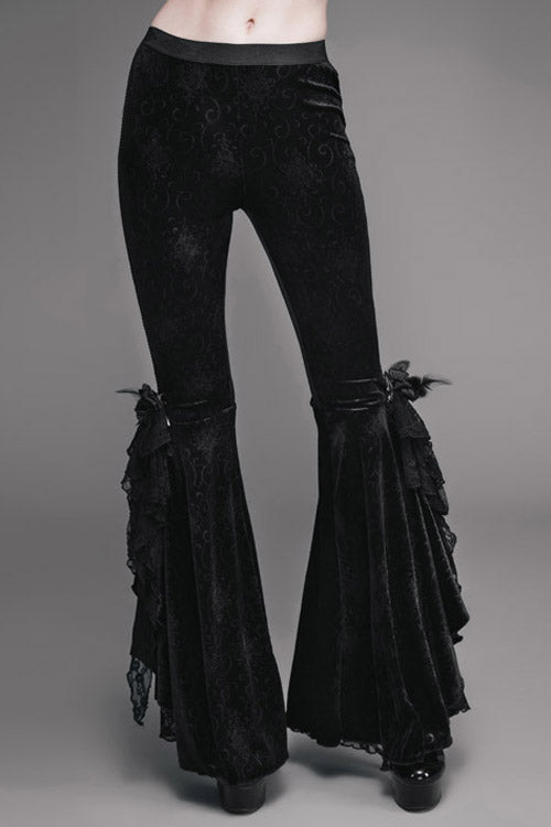 Black Gothic Lace Hem Embossed Velvet Flare Womens Pants