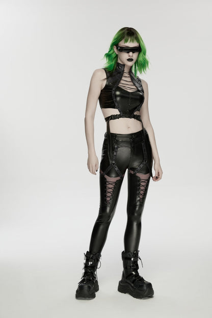 Black Cut-Out Spliced Eyelet Mesh Women's Punk Leggings
