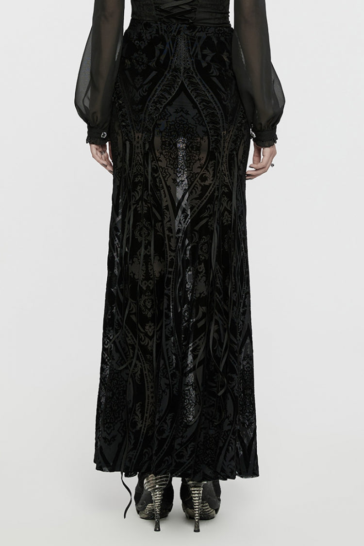 Black Embroidery Lace-Up Sheer Mesh Women's Gothic Skirt