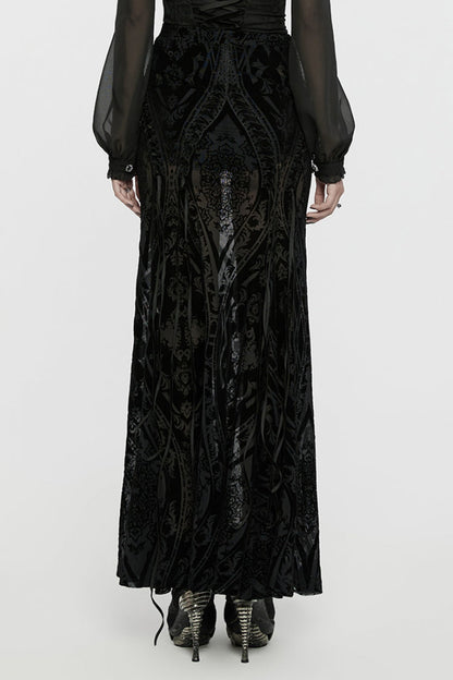 Black Embroidery Lace-Up Sheer Mesh Women's Gothic Skirt