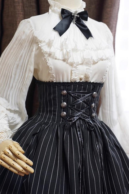 Black Multi-Layered Stripe Print Ruffle Lace-Up Classic College Style Elegant Lolita Skirt